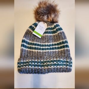 Time And Tru Womens Green, Gray, White Striped Pompom Beanie Hat New